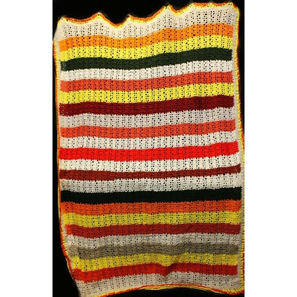 Hand Crochet Horizontal Striped Multicolor Queen Size Blanket Throw Afghan Yello - Picture 1 of 8